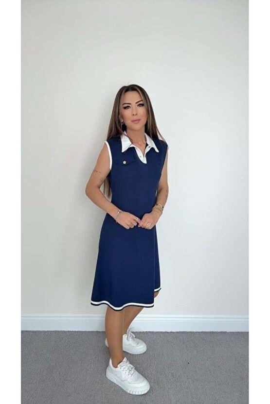 Kadın Ribana Detaylı Sıfır Kol Midi Boy Elbise