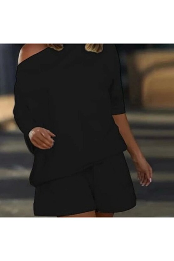 Kadın Kayık Yaka Salaş Iki Iplik Bluz Ve şort Ikili Takım