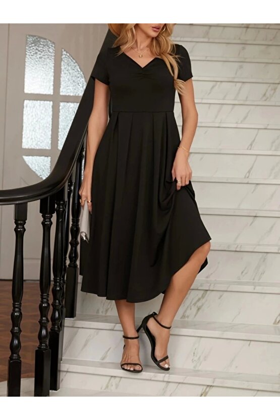 Kadın Kısa Kollu V Yakalı önden Pileli Midi Janjan Krep Elbise