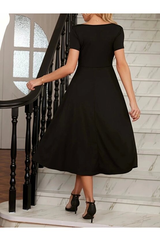 Kadın Kısa Kollu V Yakalı önden Pileli Midi Janjan Krep Elbise