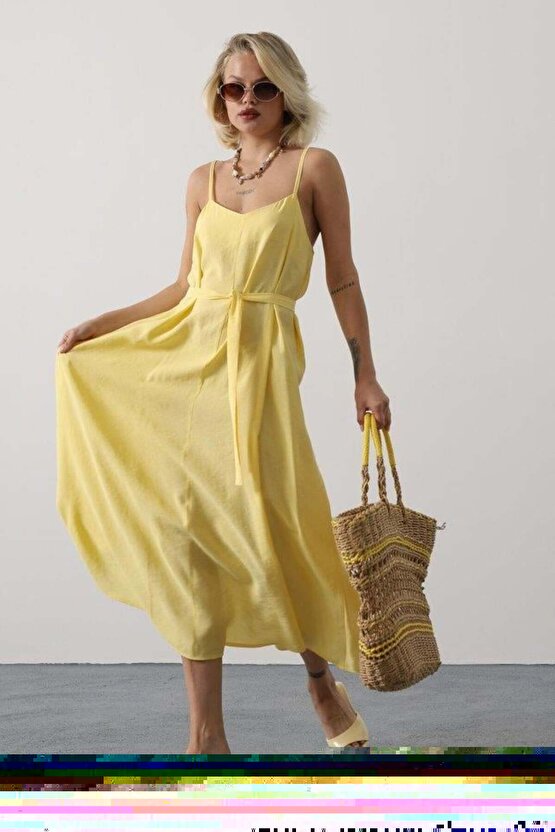 Askılı Basic Uzun Elbise - Sarı