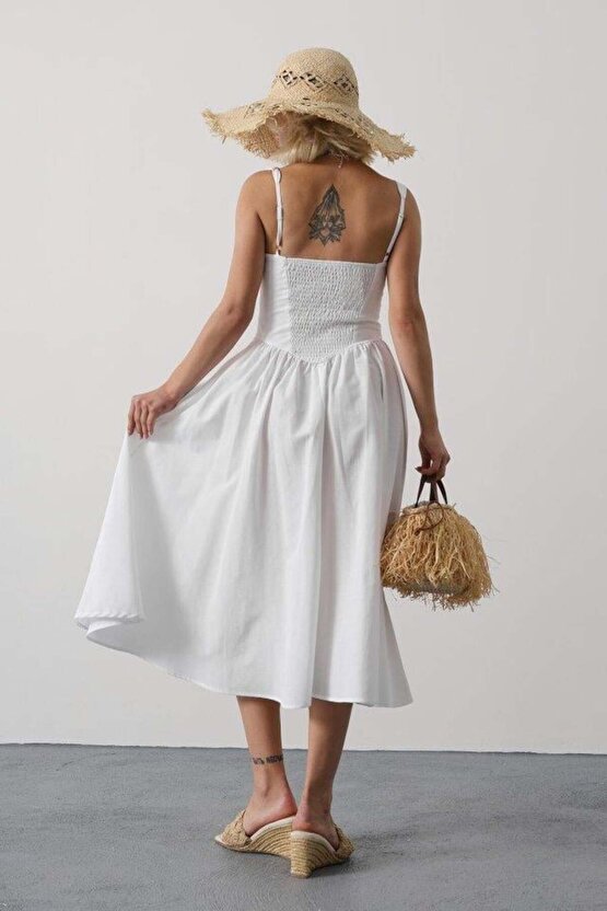 Askılı Uzun Elbise - Beyaz