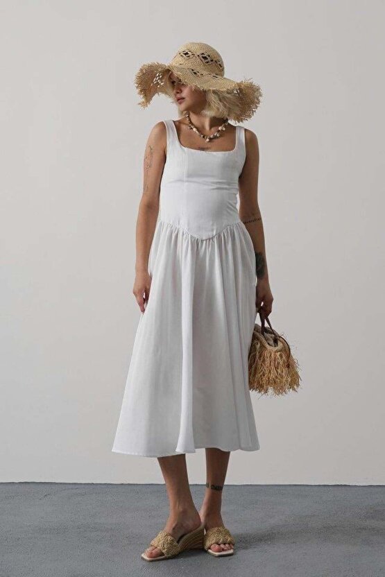 Askılı Uzun Elbise - Beyaz