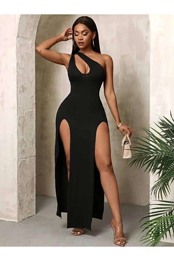 Kadın Tek Omuzdan Açık Damla Detaylı Yırtmaç Detaylı Uzun Janjan Krep Elbise