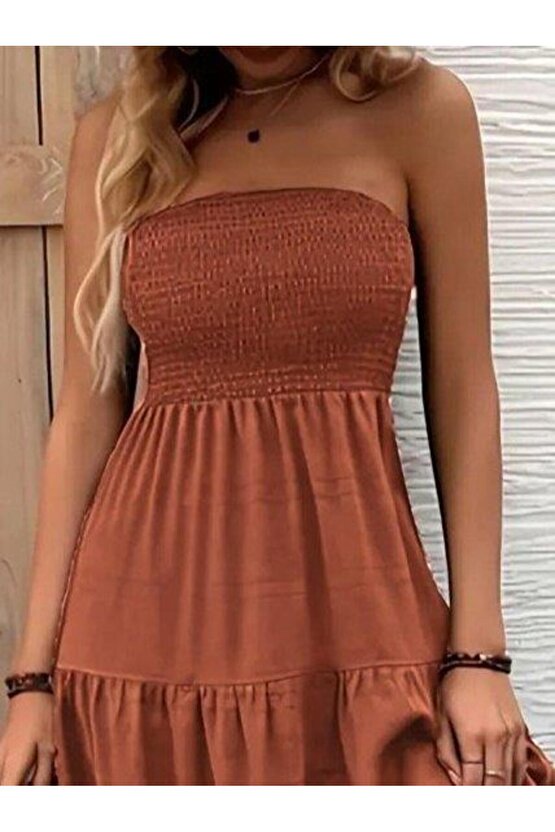 Kadın Straplez Göğüsten Lastikli Kloş Aerobin Uzun Elbise