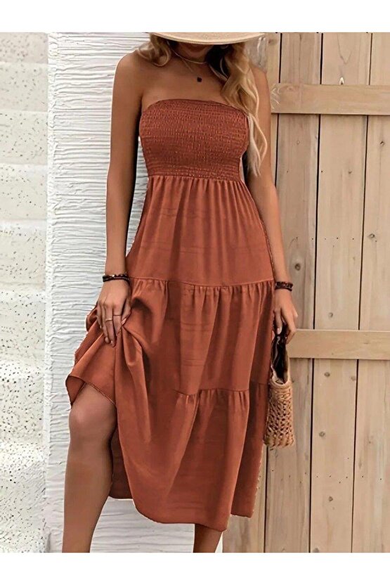 Kadın Straplez Göğüsten Lastikli Kloş Aerobin Uzun Elbise