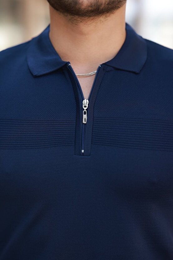 Erkek Göğüs Pirinç Desenli Fermuar Yakalı Kısa Kollu Tişört