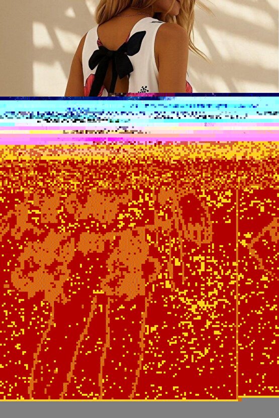 Kadın Sıfır Kol Sırttan Bağlamalı Fırfırlı çiçek Desenli Süprem Elbise