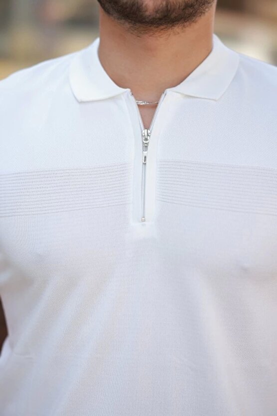 Erkek Göğüs Pirinç Desenli Fermuar Yakalı Kısa Kollu Tişört