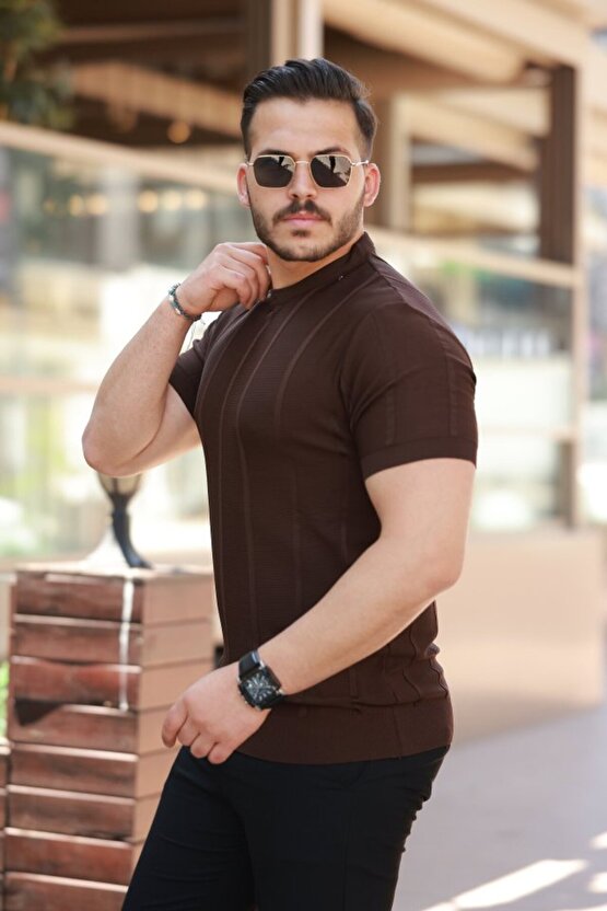 EQURİ Erkek Desenli çizgi Kabartmalı Kısa Kollu Tişört