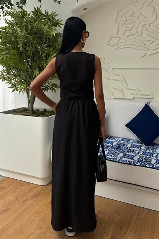 Etek Yırtmaçlı Yelekli Keten Takım 10131