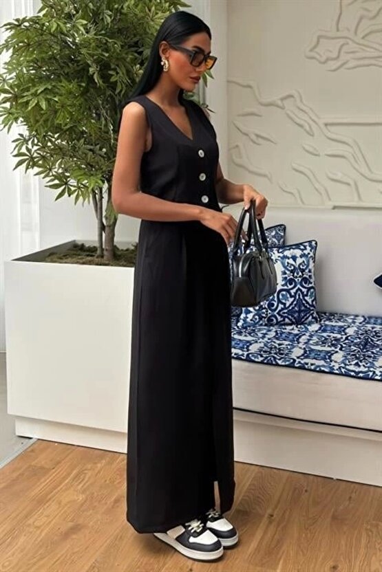 Etek Yırtmaçlı Yelekli Keten Takım 10131