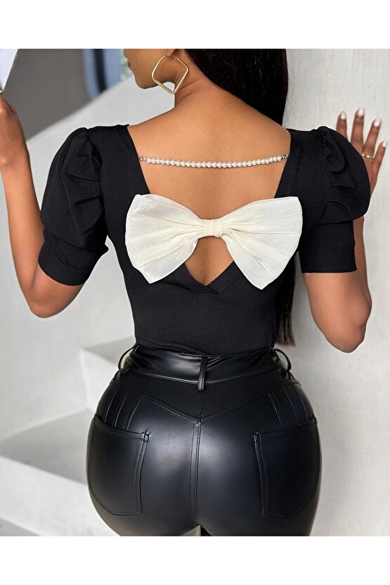 Kadın Kısa Kollu Sırt Inci Ve Kurdela Detay Karpuz Kol Yerli Krep Bluz. 109 Adet Standart Beden Geri