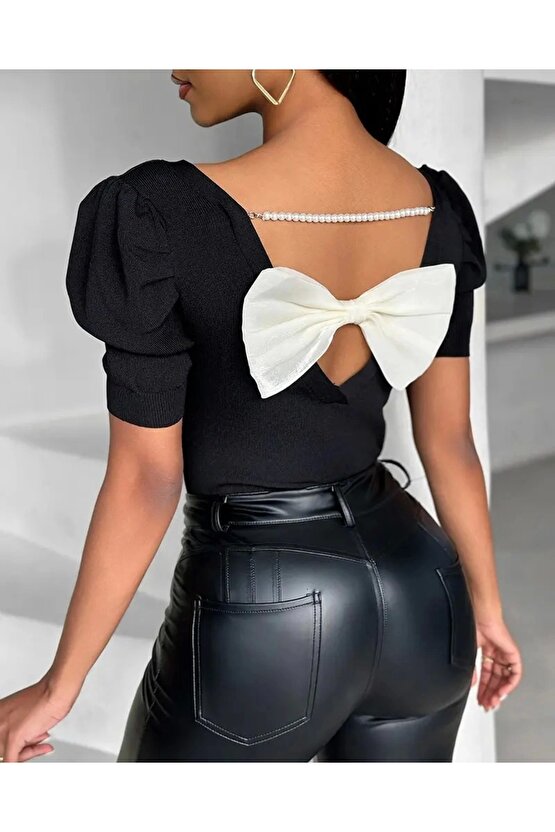 Kadın Kısa Kollu Sırt Inci Ve Kurdela Detay Karpuz Kol Yerli Krep Bluz. 109 Adet Standart Beden Geri