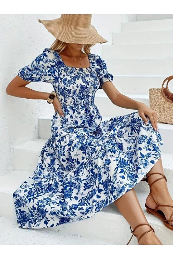 Kadın Kısa Kollu Kare Yakalı Lastikli Desenli Süprem Elbise