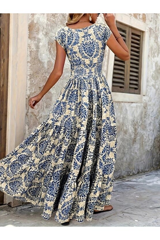 Kadın Kısa Kollu Kruvaze Yaka Beli Lastikli Süprem Maksi Boy Elbise