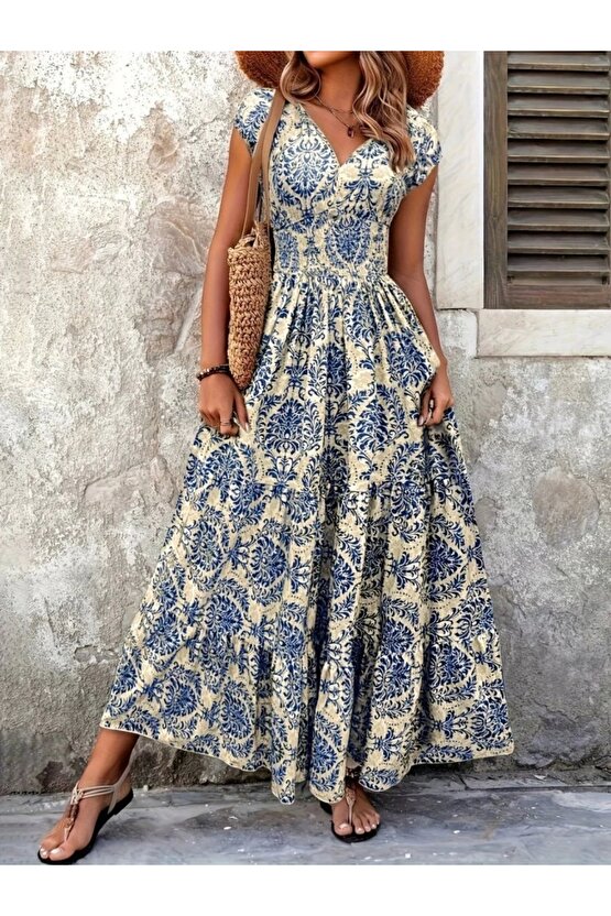 Kadın Kısa Kollu Kruvaze Yaka Beli Lastikli Süprem Maksi Boy Elbise