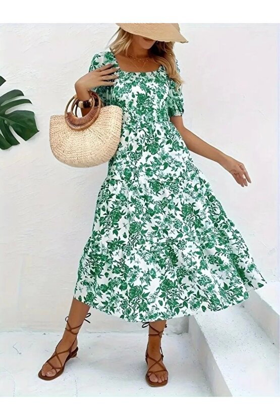 Kadın Kısa Kollu Kare Yakalı Lastikli Desenli Süprem Elbise