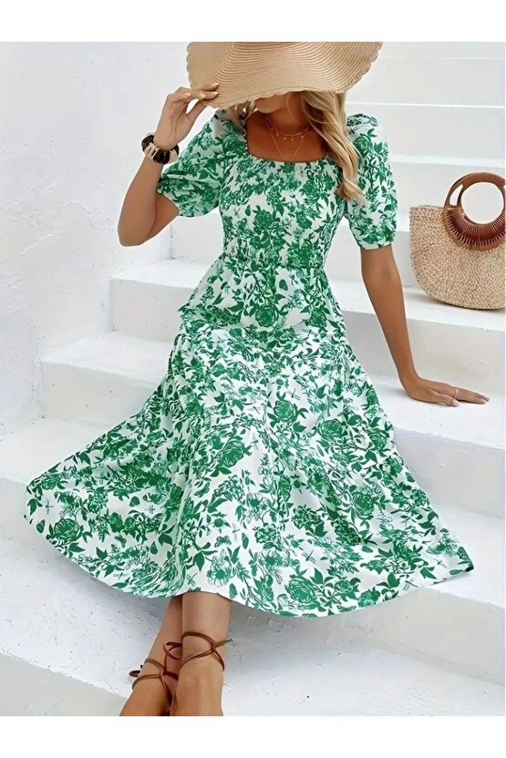 Kadın Kısa Kollu Kare Yakalı Lastikli Desenli Süprem Elbise