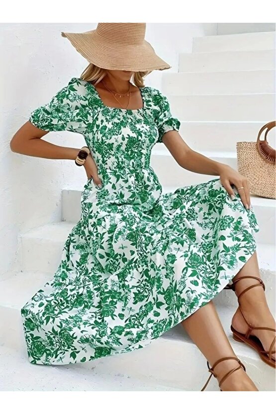 Kadın Kısa Kollu Kare Yakalı Lastikli Desenli Süprem Elbise