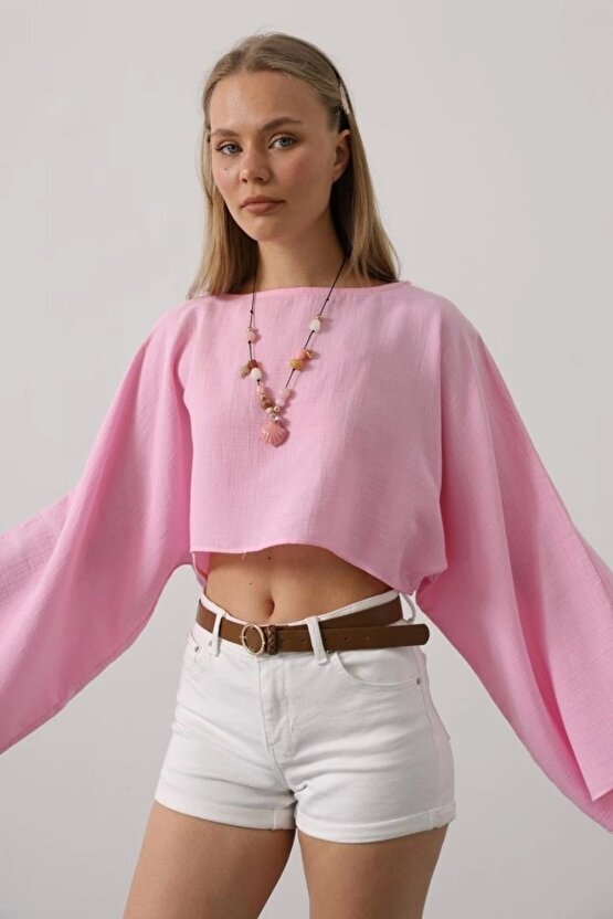 YARASA KOLLU CROP BLUZ - Pembe