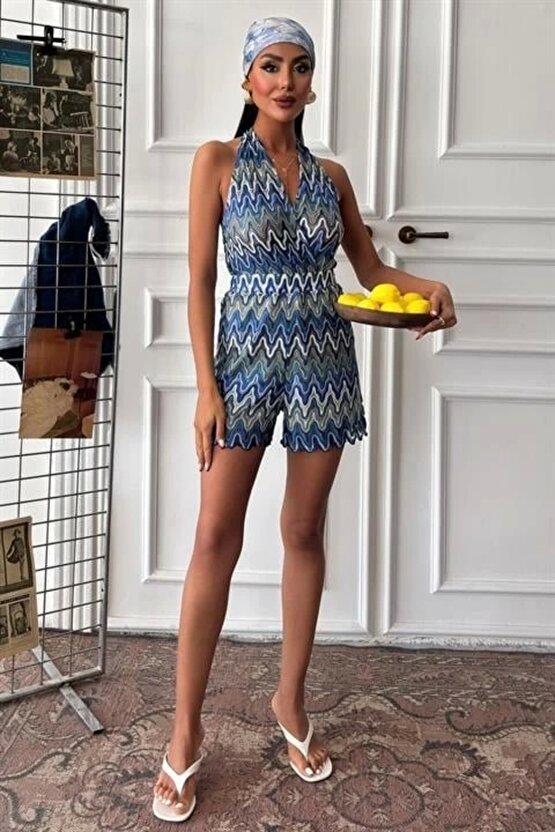 Zikzak Desenli Multi Renk Geçişli Mini Tulum 1365