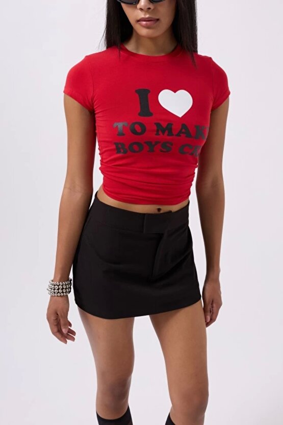 Nakış Detay Baskılı Crop T-Shirt