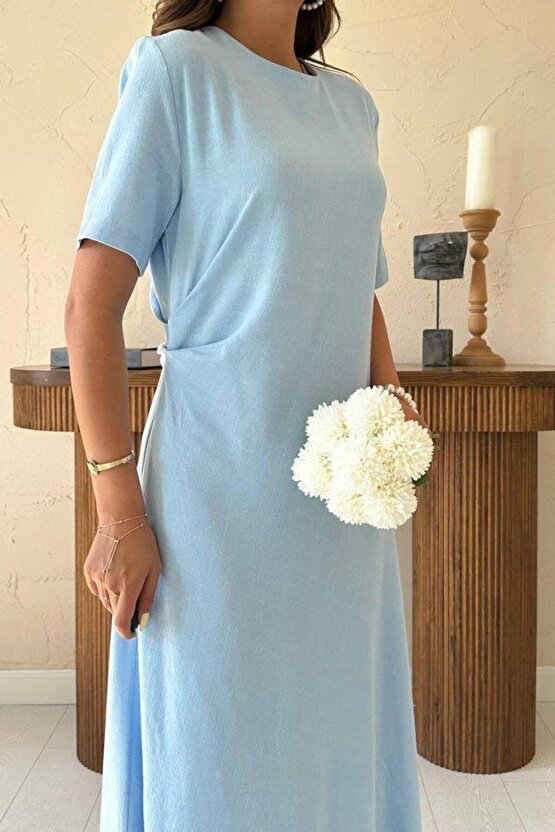 Bebe Mavi Pileli Bisiklet Yaka Elbise