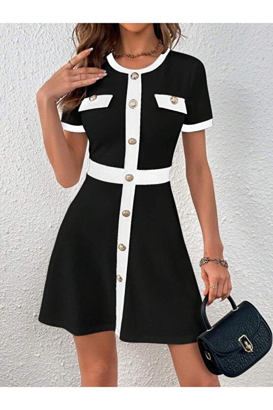 Kadın Kısa Kollu Bisiklet Yaka önden Düğmeli Modal Elbise