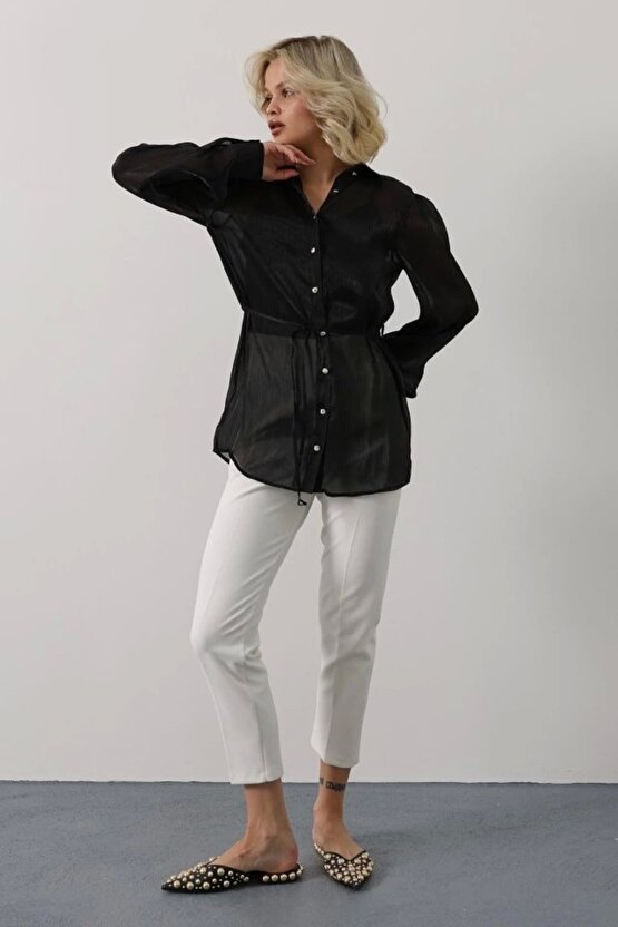 Belden Bağlamalı Uzun Kol Gömlek - Siyah