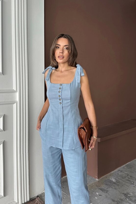 ŞANTUK KETEN YELEK GÖRÜNÜMLÜASKILI BLUZ - PANTOLON TK - Mavi