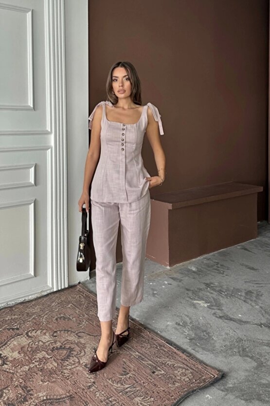 ŞANTUK KETEN YELEK GÖRÜNÜMLÜ ASKILI BLUZ - PANTOLON TK - Lila