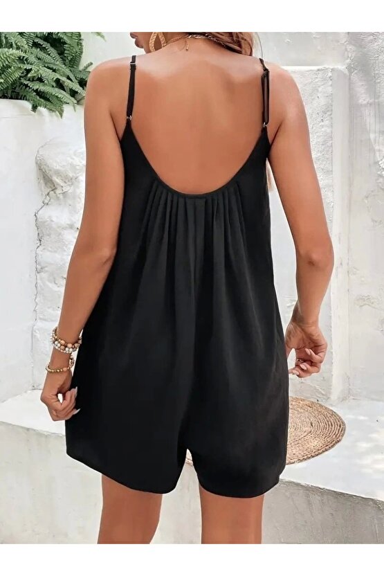 Kadın Ip Askılı Yuvarlak Yakalı Pileli Viskon Tulum