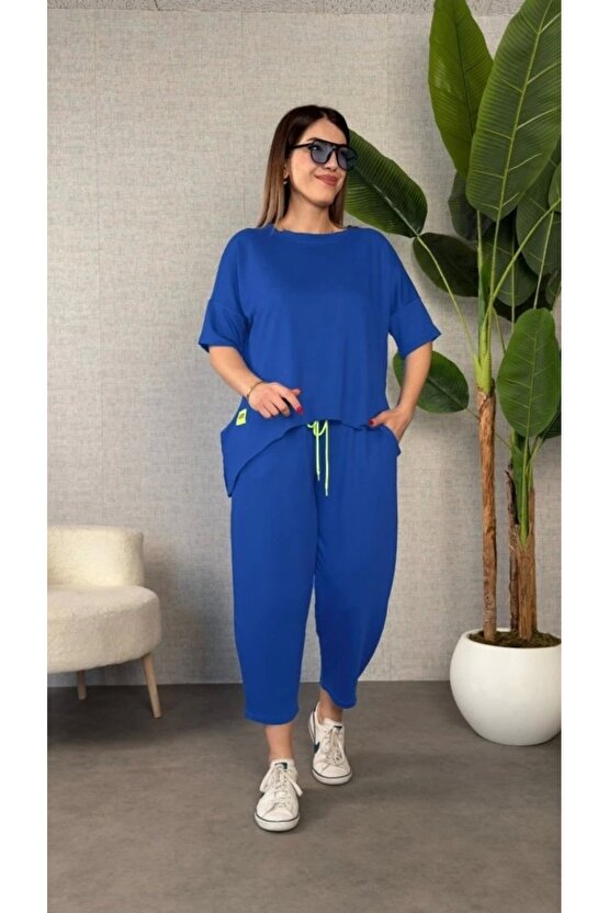 Kadın Kısa Kollu Bisiklet Yaka Viskon Iki Iplik Bluz Ve Pantolon Ikili Takım