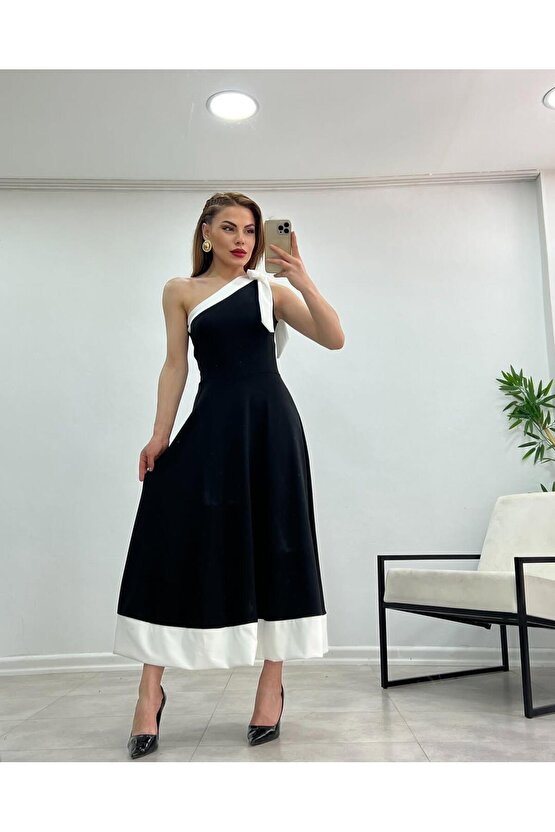 Kadın Tek Omuzu Açık Omuzlardan Kurdela Detaylı çift Renkli Ithal Krep Elbise