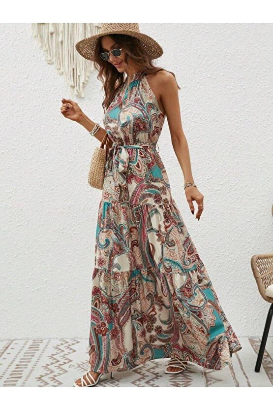Kadın Halter Yakalı Omuzlardan Açık Kuşaklı Maksi Boy Desenli Süprem Elbise