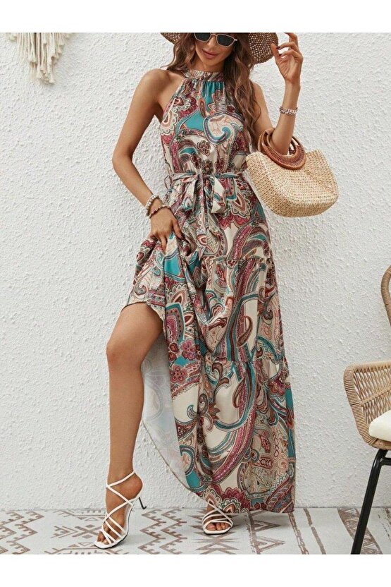 Kadın Halter Yakalı Omuzlardan Açık Kuşaklı Maksi Boy Desenli Süprem Elbise
