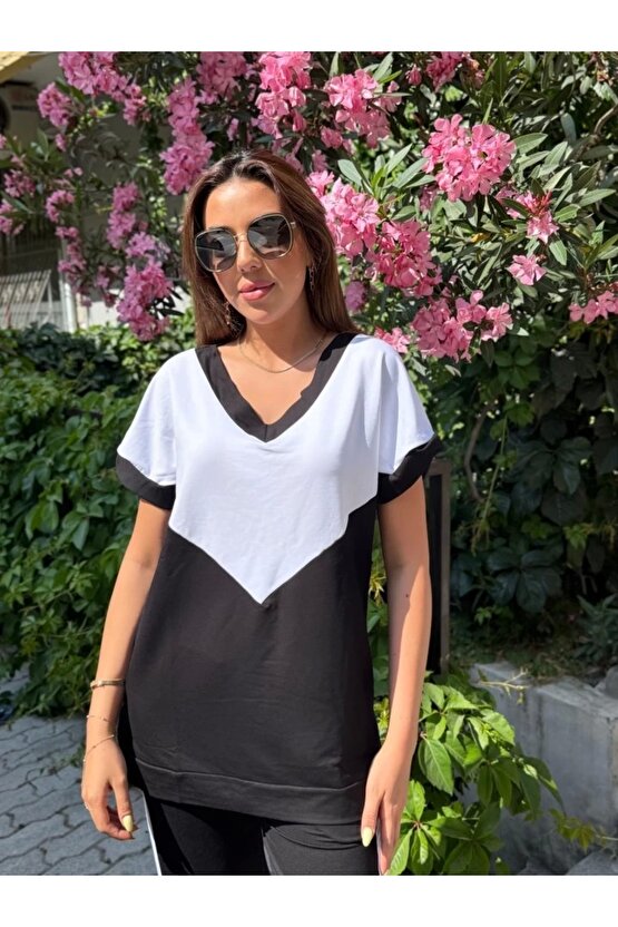 Kadın Kısa Kollu V Yaka Siyah Beyaz Renkli Viskon Iki Iplik Kumaş Eşofman Takımı