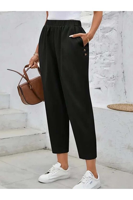 Kadın Yüksek Bel Yandan Cepli Düğme Detaylı Geniş Kesim Ithal Krep Pantolon
