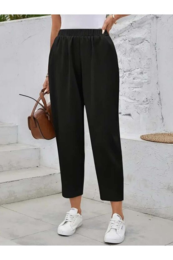 Kadın Yüksek Bel Yandan Cepli Düğme Detaylı Geniş Kesim Ithal Krep Pantolon