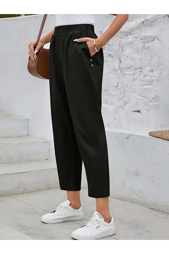 Kadın Yüksek Bel Yandan Cepli Düğme Detaylı Geniş Kesim Ithal Krep Pantolon