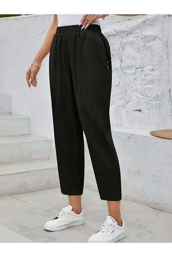 Kadın Yüksek Bel Yandan Cepli Düğme Detaylı Geniş Kesim Ithal Krep Pantolon