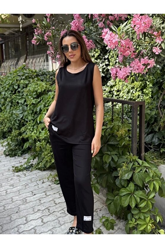 Kadın Askılı Yuvarlak Yaka Viskon Iki Iplik Bluz Ve Eşofman Altı Ikili Takım