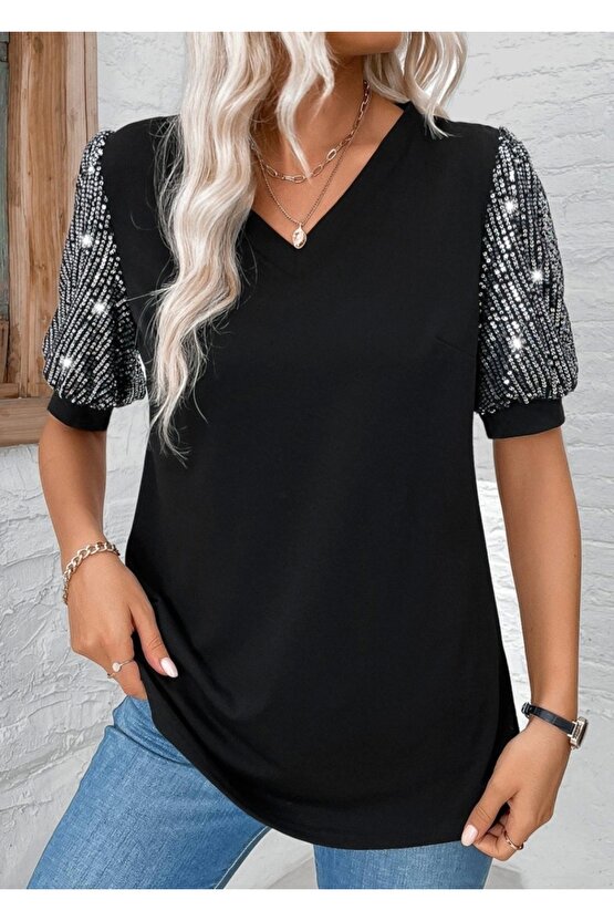 Kadın Kısa Kollu V Yakalı Pul Payet Detaylı Viskon Bluz