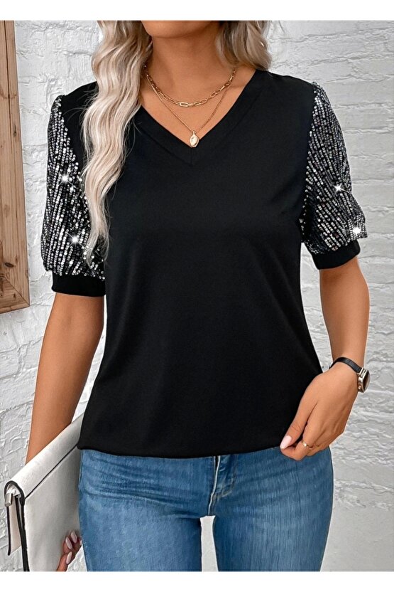 Kadın Kısa Kollu V Yakalı Pul Payet Detaylı Viskon Bluz