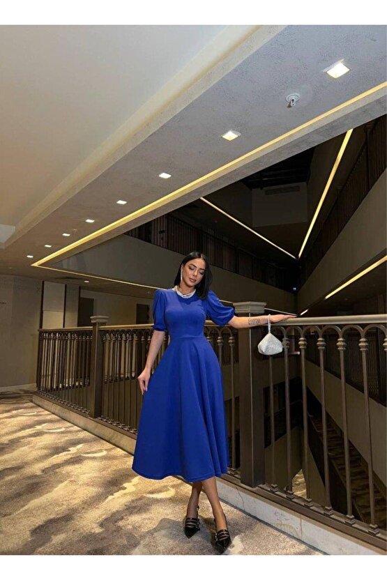 Kadın Bisiklet Yaka Kısa Kol Lastik Detay Uzun Elbise