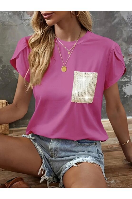 Kadın Kısa Kollu Bisiklet Yaka Cep Pul Payet Detay Viskon Bluz