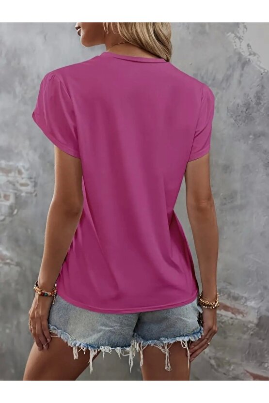 Kadın Kısa Kollu Bisiklet Yaka Cep Pul Payet Detay Viskon Bluz