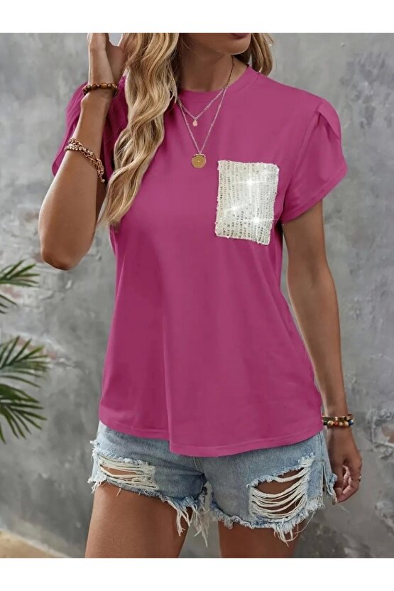 Kadın Kısa Kollu Bisiklet Yaka Cep Pul Payet Detay Viskon Bluz