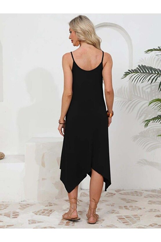 EQURİ Kadın Ip Askılı Yuvarlak Yakalı Asimetrik Kesim Viskon Elbise